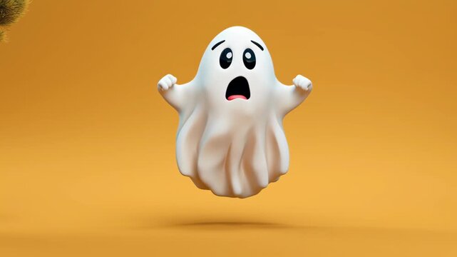 Cute ghost hiding behind a tree, playful expression.