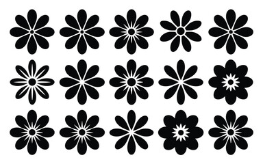 Collection of Fifteen Black Silhouette Flower Icons with Varying Petal Designs on White