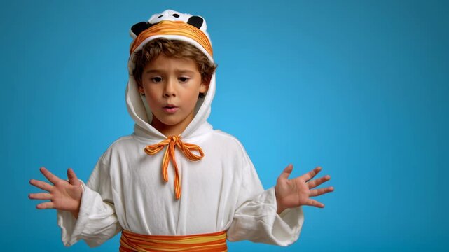 Excited child in costume saying boo.