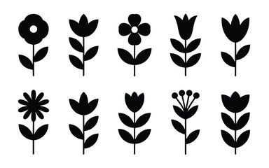 Ten black floral silhouettes with varied flower shapes on a white background icon graphic