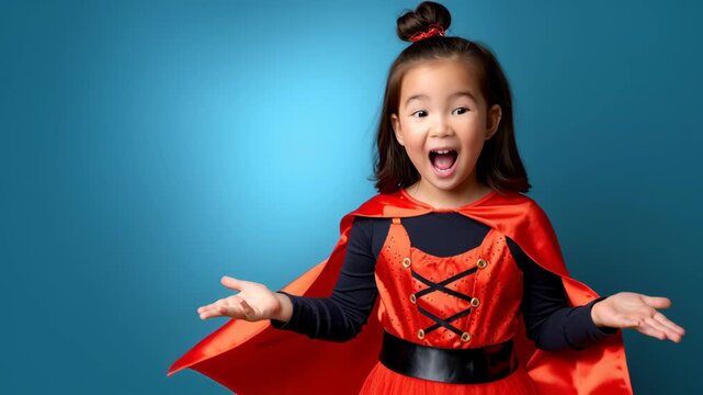 Excited girl in costume shouting 'Boo!'