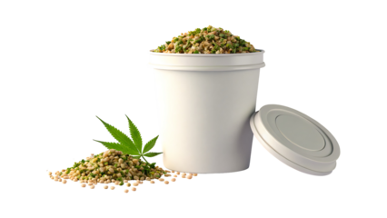 Hemp seeds overflowing from a white container with a leaf isolated on transparent background