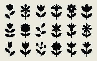 Fifteen Black Stylized Floral Icons with Tulips Daisies and Leaves Keywords: flower, silhouette, icon, graphic