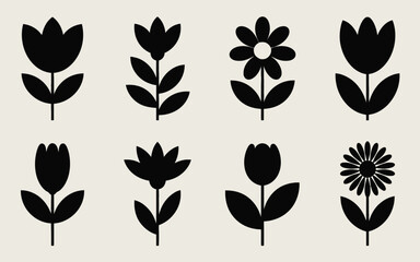 Eight Black Stylized Flower Silhouettes Including Tulips and Daisies Keywords: flower, silhouette, icon, graphic