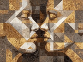 Abstract Geometric Faces Gold Silver Mosaic Cubism Art Textured Surface Design Modern Wall Decor