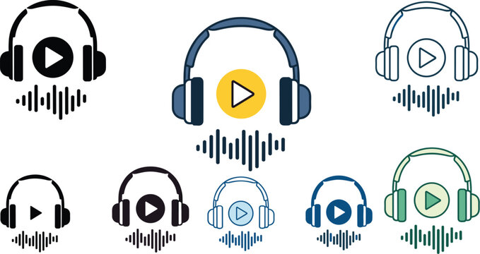 Headphones with sound wave and play button icons, representing audio, music, and media playback