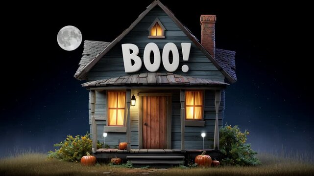 Haunted house with spooky decorations at night.