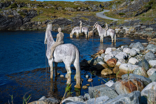 The Rising Tide, Haugesund, Norway, person rides a horse near a body of water, with several other horses standing in the water and a rocky shoreline in the background