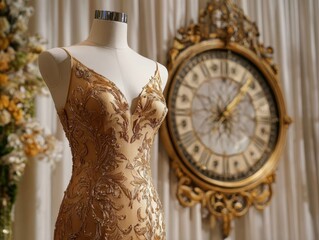 Elegant Gold Embroidered Gown on Mannequin with Blurred Ornate Grandfather Clock in Background Luxurious Fashion Display