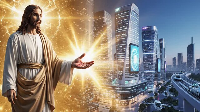 A visionary illustration of a divine figure illuminating a futuristic city.