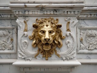 Classical architecture featuring a prominent golden lion head relief sculpture on a white marble plinth with intricate carvings and elegant decorative elements.