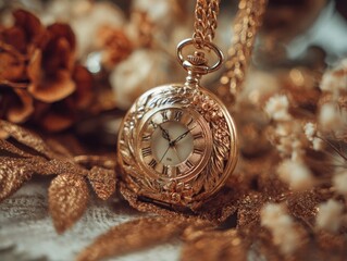 Exquisite gold pocket watch nestled among decorative golden foliage and flowers, ornate design, intricate carvings, delicate chain, elegant vintage accessory, luxury item