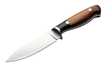 Sharp hunting knife with a wooden handle and a polished steel blade for outdoor adventures and culinary tasks on transparent background