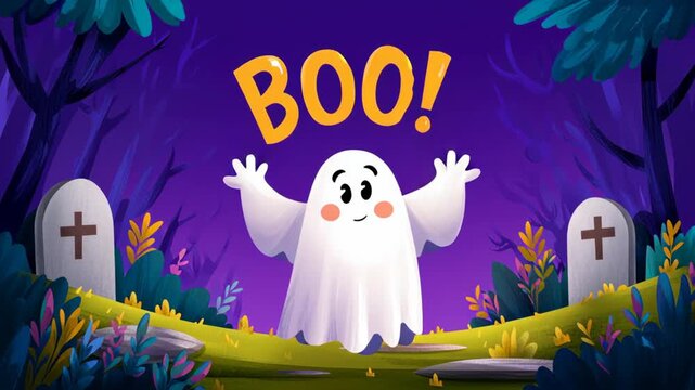 Playful ghost floating in a spooky landscape.