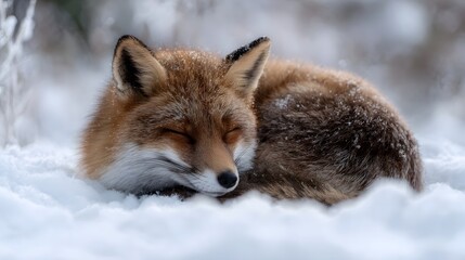 A red fox sleeps curled up in soft snow during winter