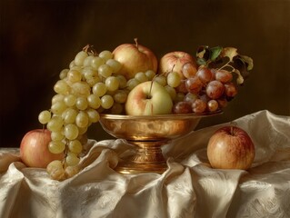 Still life painting classic arrangement fruit composition bronze bowl apples grapes artistic dark background