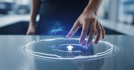 Human Touch in Technology: A close-up view captures a hand interacting with a holographic interface, suggesting innovation and connection between humans and technology.