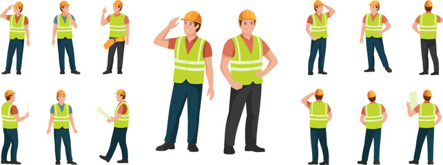 Construction workers illustration, safety gear, hard hats, reflective vests, industrial labor, occupational safety, teamwork, engineering, job site, character design