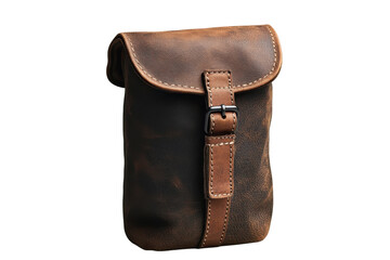 Rustic brown leather pouch with buckle closure perfect for carrying small essentials on outdoor adventures on transparent background