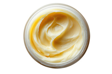 Top view of a jar filled with yellow cream perfect for skincare beauty and cosmetic product promotion on transparent background