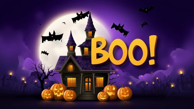 Spooky Halloween house with bats and pumpkins.