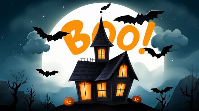 Spooky haunted house with bats and moonlight.