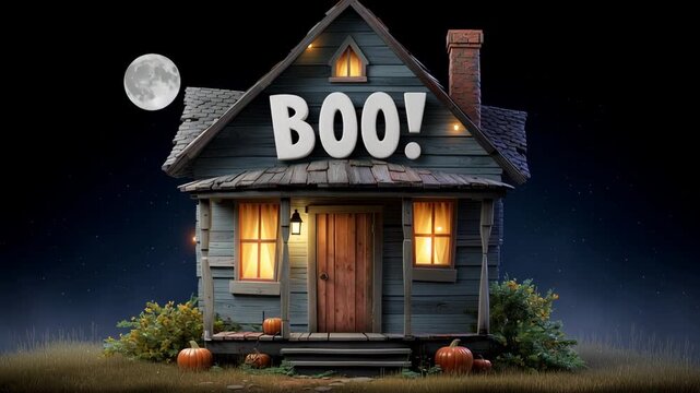 Spooky house with Halloween decorations and moon.