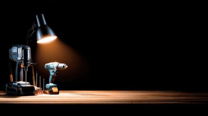 A well-lit workspace featuring a drill and tools on a wooden table, ideal for DIY projects and repairs