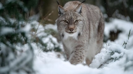 Obraz premium A lynx with tufted ears walks cautiously through a snow covered winter forest