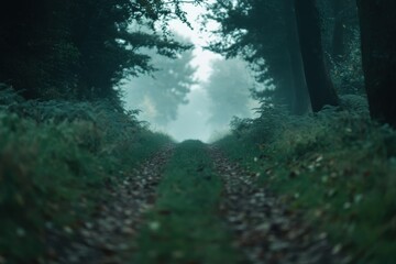 Fototapeta premium Path to Mystical Realm: A winding dirt path through a misty forest leads the eye toward an ethereal glow, evoking mystery and inviting exploration.