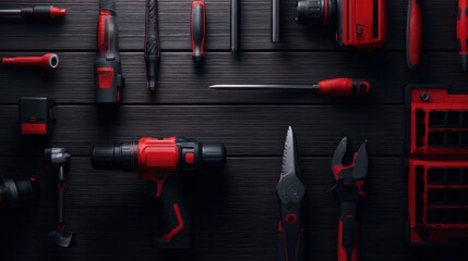 A collection of red and black tools arranged on a dark wooden surface, ideal for DIY projects and repairs