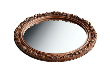 Ornate oval mirror with a carved wooden frame reflecting light against a for home decor on transparent background