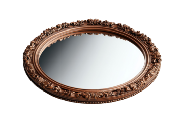Ornate oval mirror with a carved wooden frame reflecting light against a for home decor on transparent background