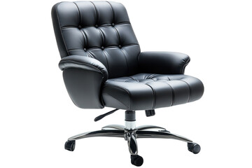 Luxurious black leather office chair with chrome base offers comfort and style for executive workspaces on transparent background