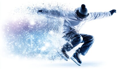 Dynamic ice skater performing a jump, creating a splash of snow and color against a white background