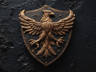 Ancient Heraldic Shield with Golden Eagle Embossed on Black Textured Stone Wall Medieval Coat of Arms Historical Artifact Emblem Design Ancient Gold Falcon Carving on Dark Rock Background