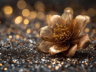 Elegant golden flower bloom on dark sparkling surface with bokeh lights shimmering in background luxury floral decor