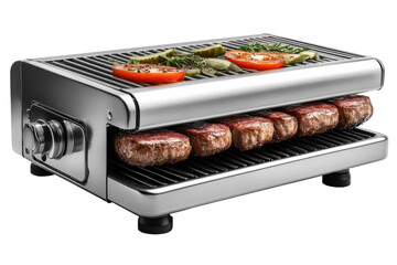 Stainless steel grill cooking juicy burgers and vegetables like tomatoes and pickles for a delicious meal on transparent background