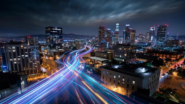 Stunning city skyline with dynamic light trails.
