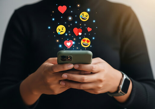 Person holding a smartphone with social media emojis floating above - Powered by Adobe