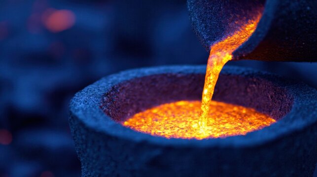 Molten metal being poured into a casting mold, glowing orange against a dark, industrial background