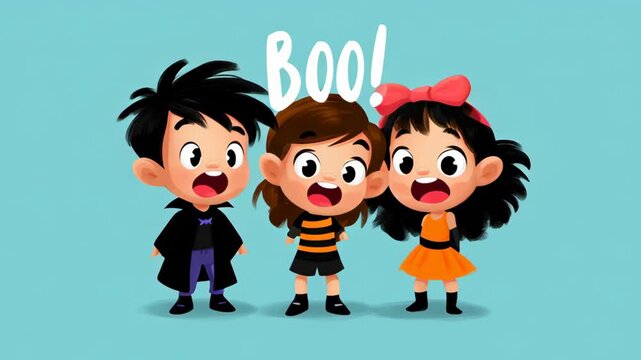 Three kids dressed for Halloween, expressing joy.