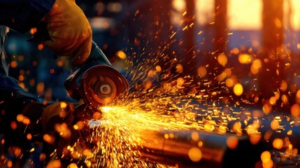 Close-up of a worker using a grinder, creating sparks while shaping metal in a workshop at sunset
