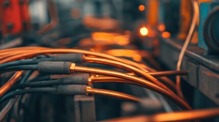Close-up of interconnected copper wires and cables, showcasing intricate details in a workshop environment
