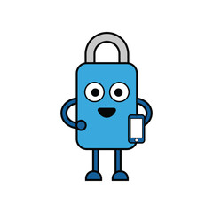 Modern Simple Lock Mascot Holding Mobile Phone Vector Illustration