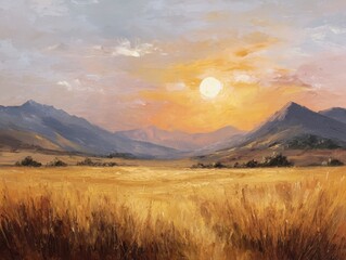 Oil painting depicting a serene landscape with golden fields and distant mountains under a soft, diffused sunset sky offering a tranquil vista