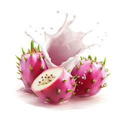 Fresh delicious prickly pear fruits milk splash with juicy texture and vibrant color isolated on transparent background