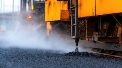 Construction machinery laying asphalt on a road with steam rising, showcasing urban development