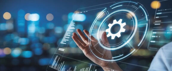 Digital Innovation: A person interacts with a futuristic, transparent display. A glowing gear icon represents technological advancement, symbolizing the cutting edge.