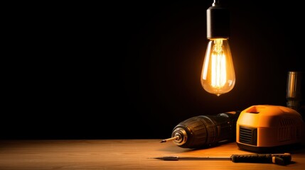 A warm-lit workspace featuring a vintage light bulb, power tools, and a wooden surface, ideal for DIY projects